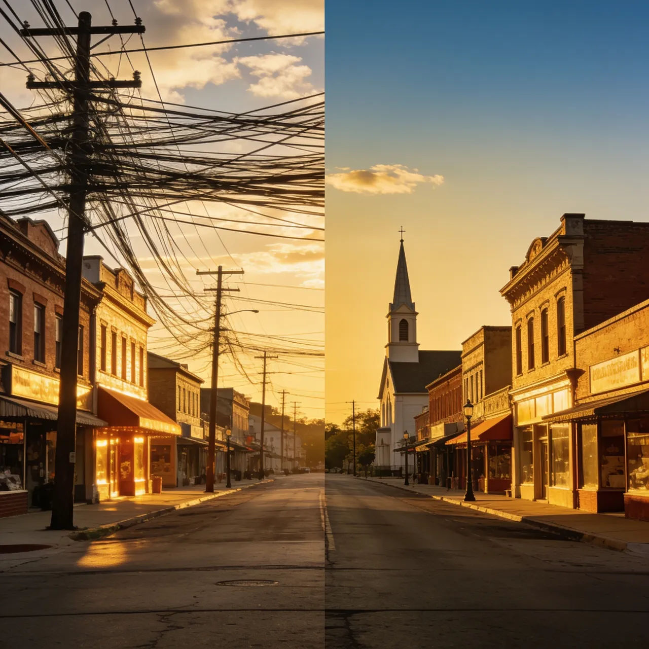 Street scene with power lines and poles removed against clear sky