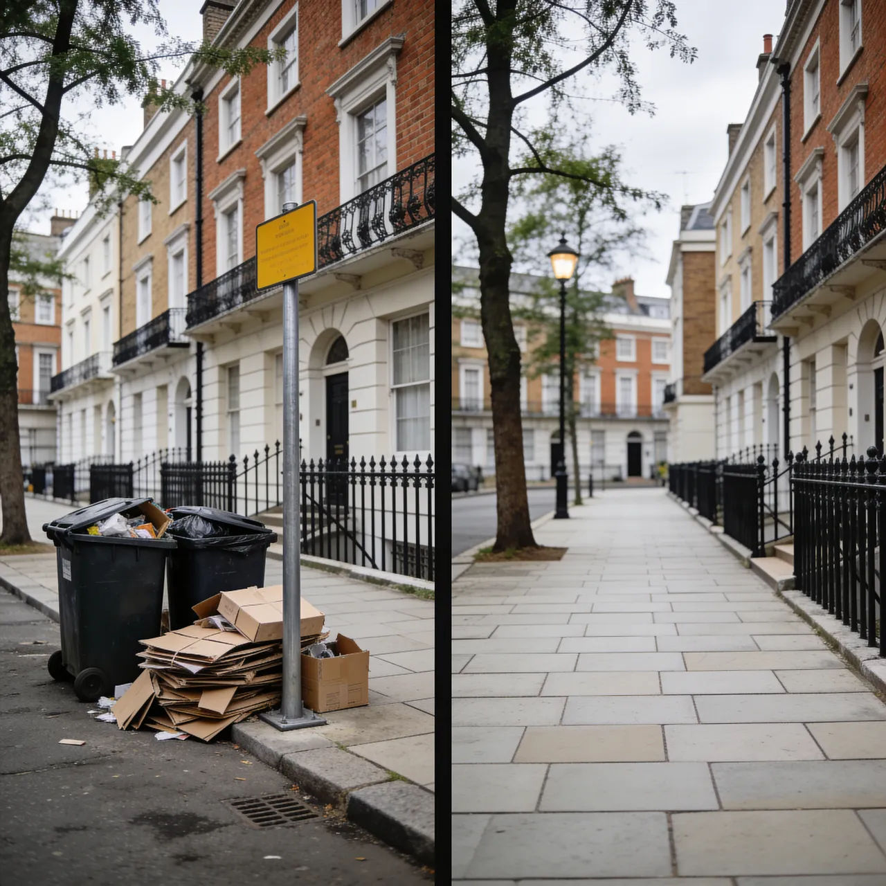 Sidewalk with bins, boxes, and a sign removed