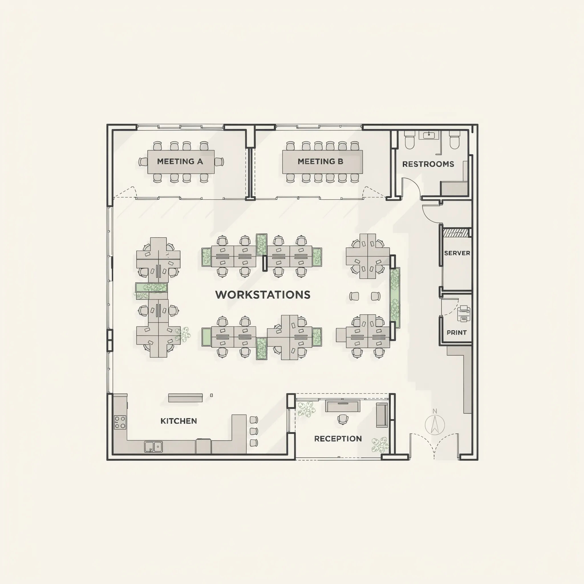 Top-down floor plan of an open-plan office with desk clusters