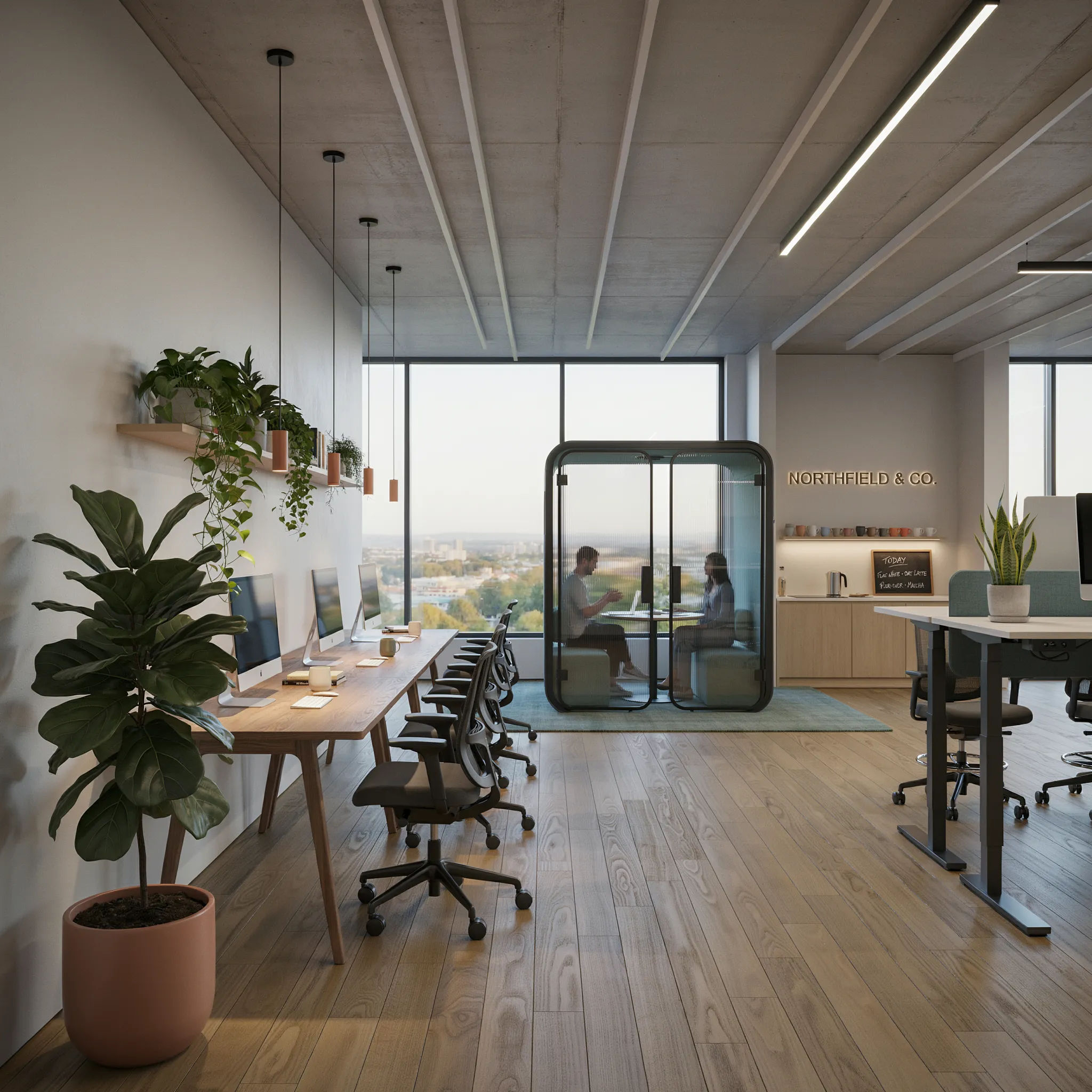Furnished interior render of a modern open-plan office