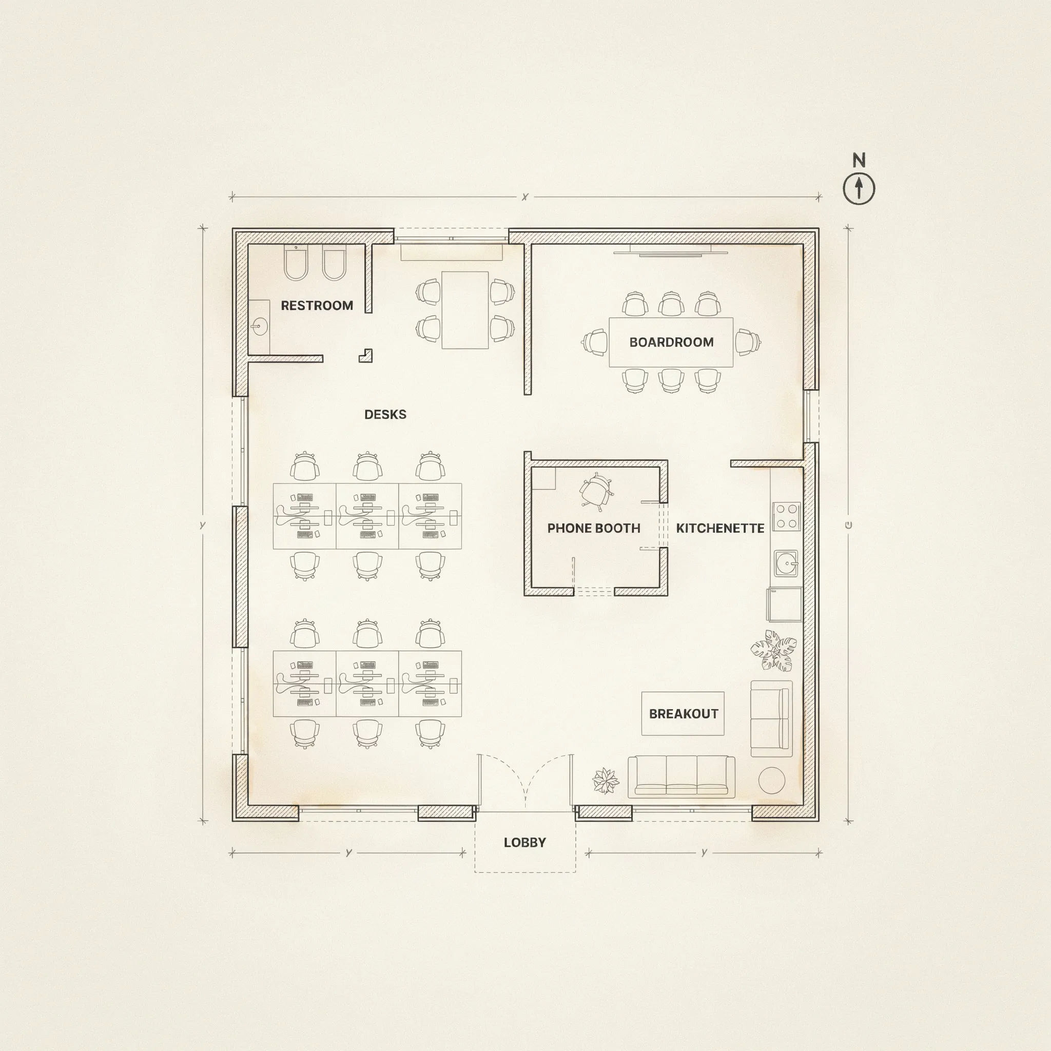 Floor plan of a compact startup studio office