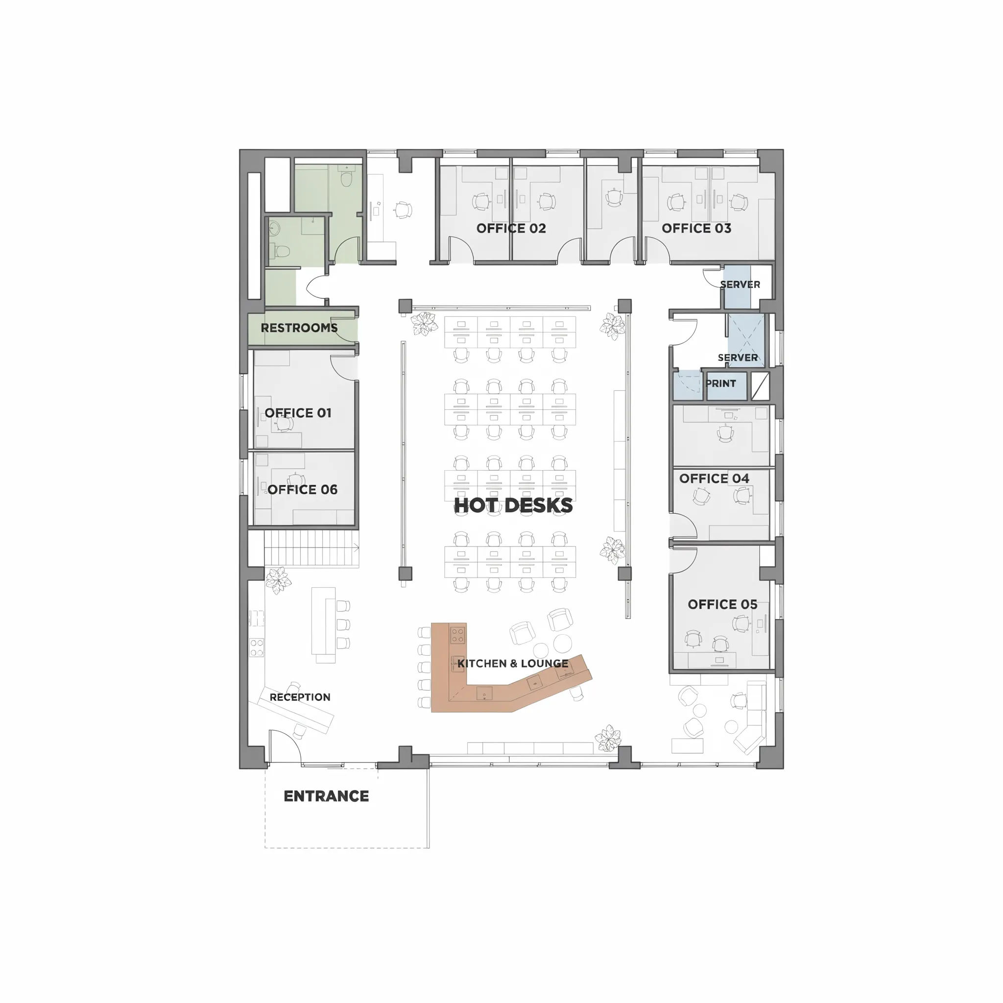 Top-down plan of a coworking floor with hot desks and private offices