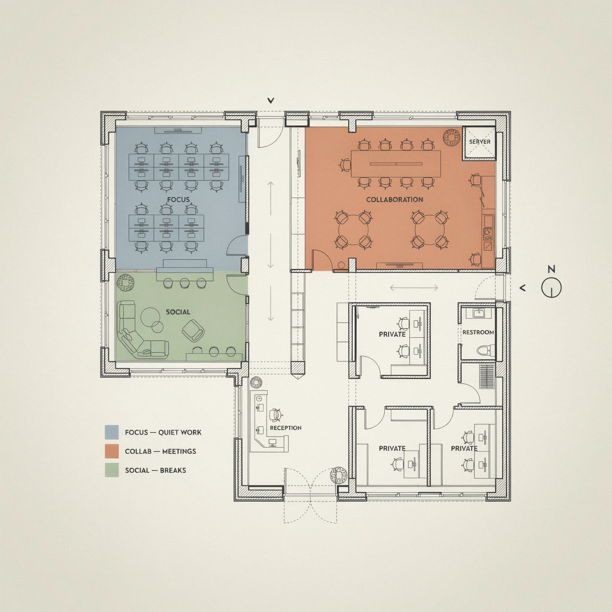 Color-coded office floor plan with focus, collaboration, and social zones