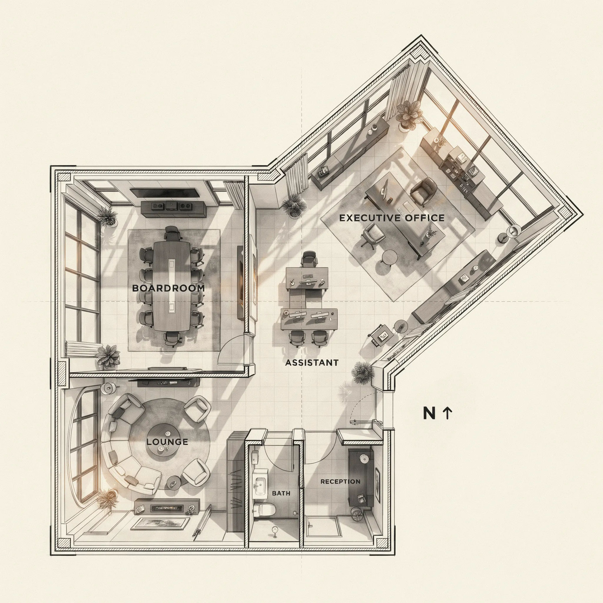 Floor plan of an executive office suite with a boardroom