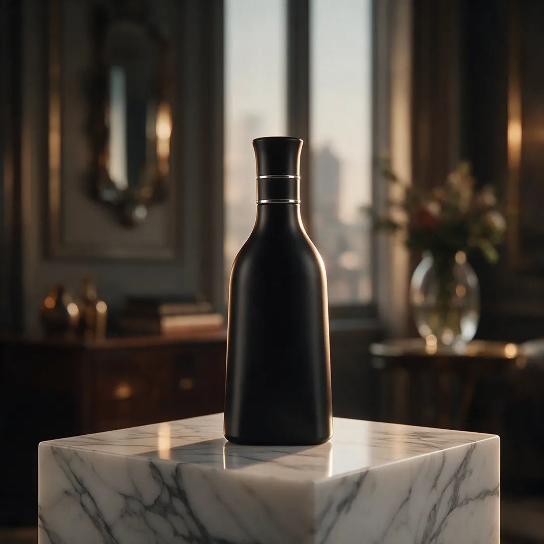 Matte-black bottle on a marble pedestal with soft rim light