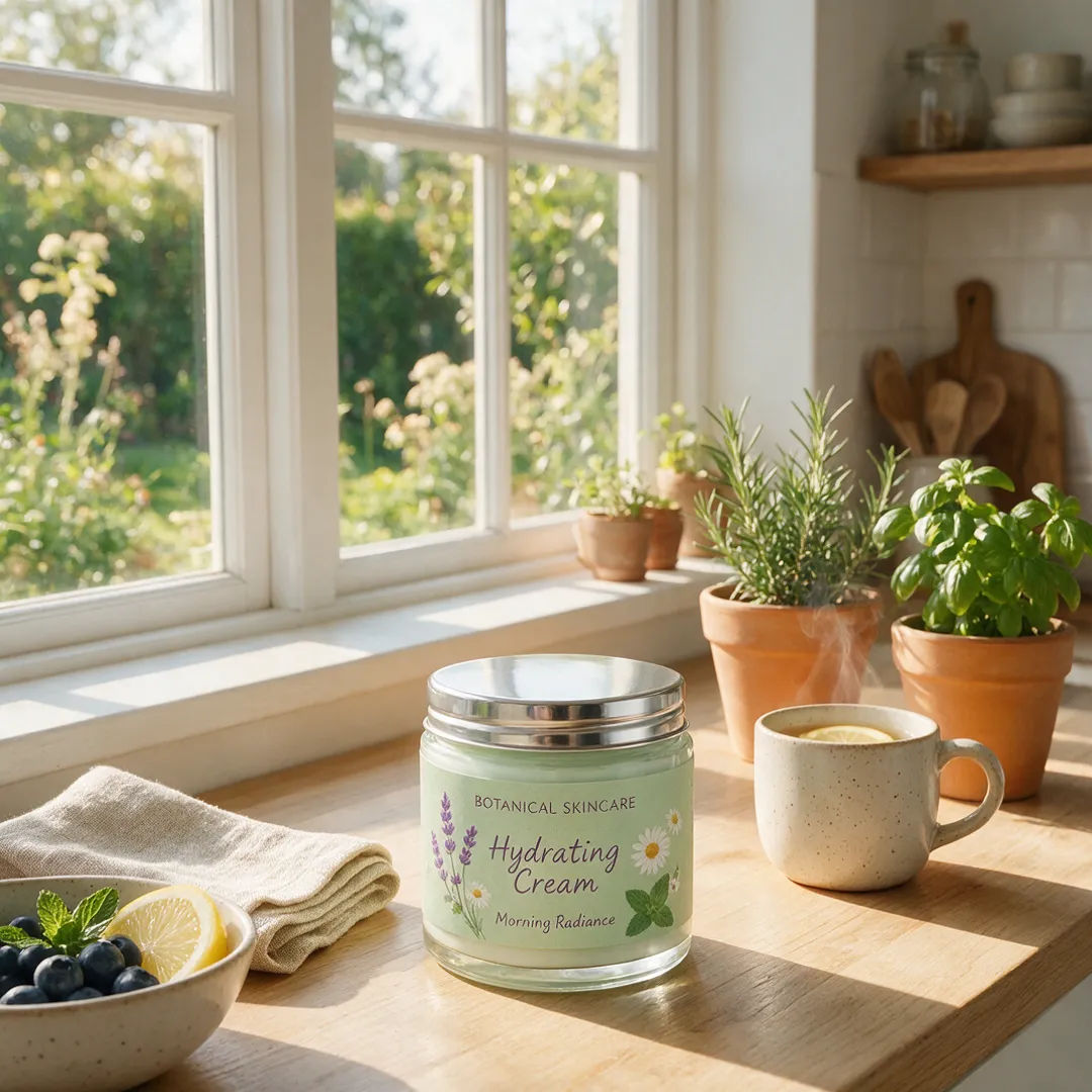 Skincare jar on a sunlit kitchen counter in soft morning light