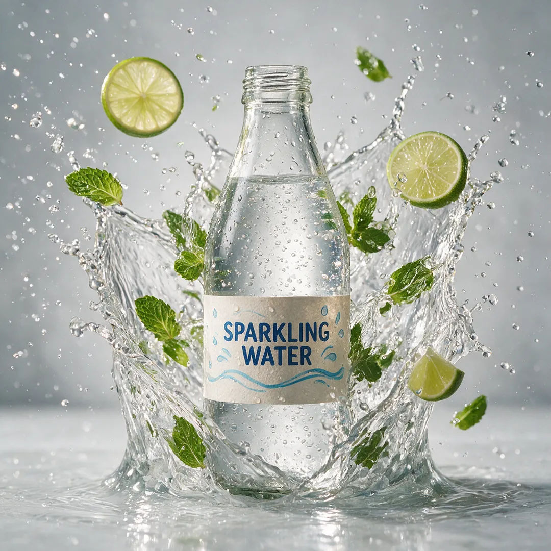 Glass drink bottle caught in a bright water splash under studio light