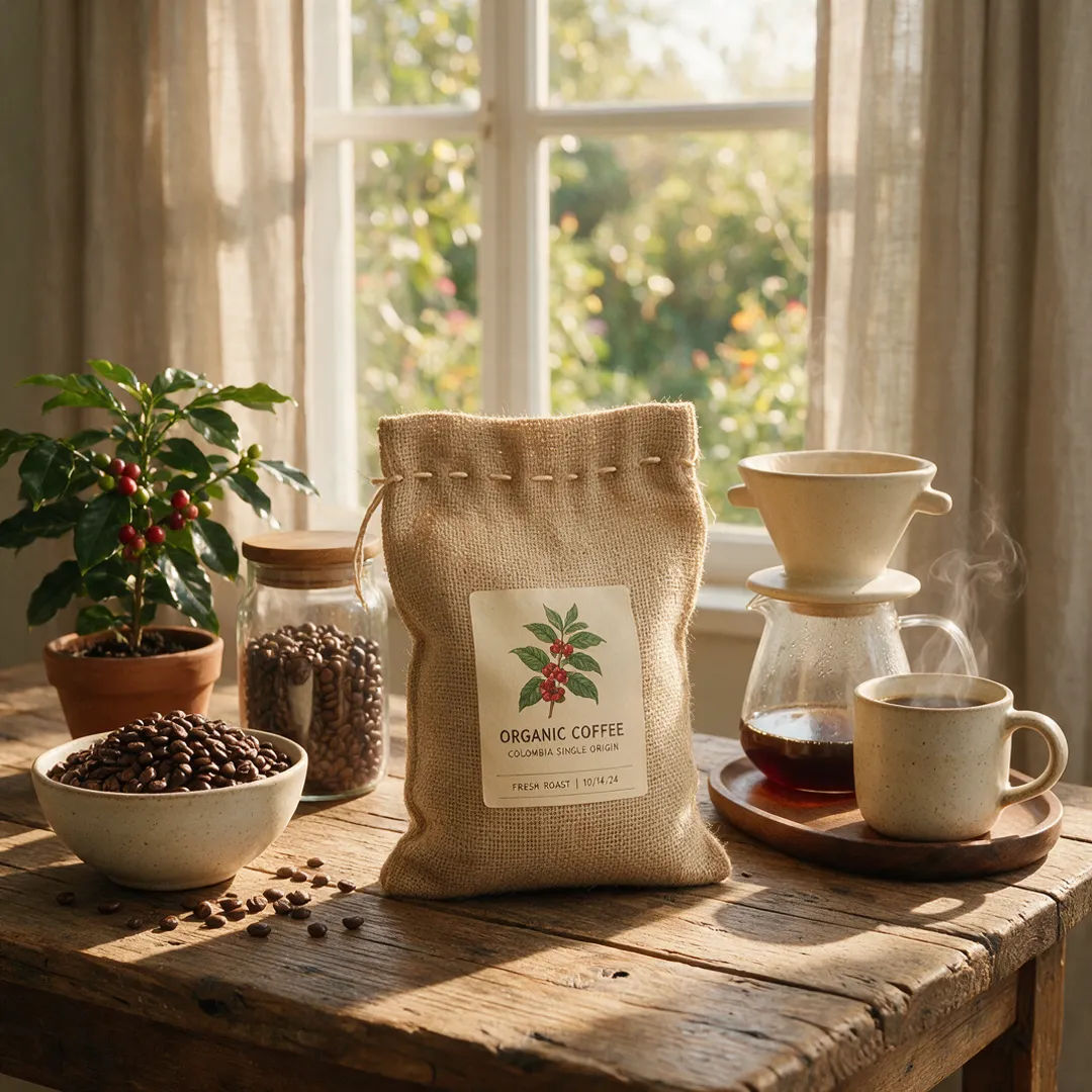 Coffee bag on a rustic wood table in warm daylight