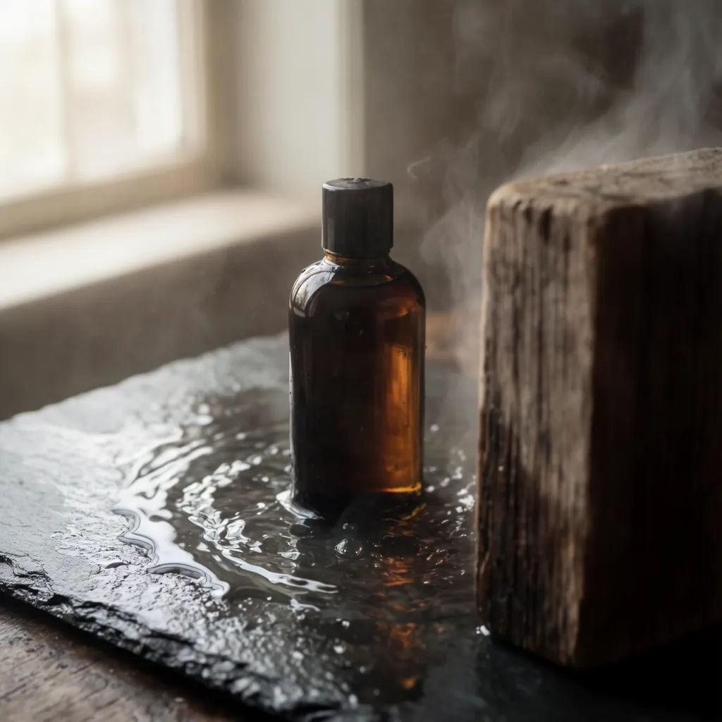 Serum bottle staged on a wet stone slab in soft morning light