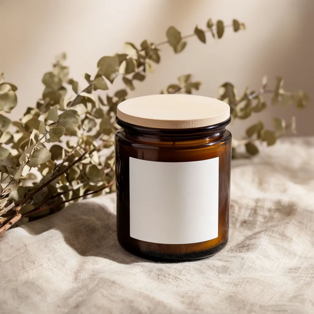Candle staged on a linen runner with dried eucalyptus