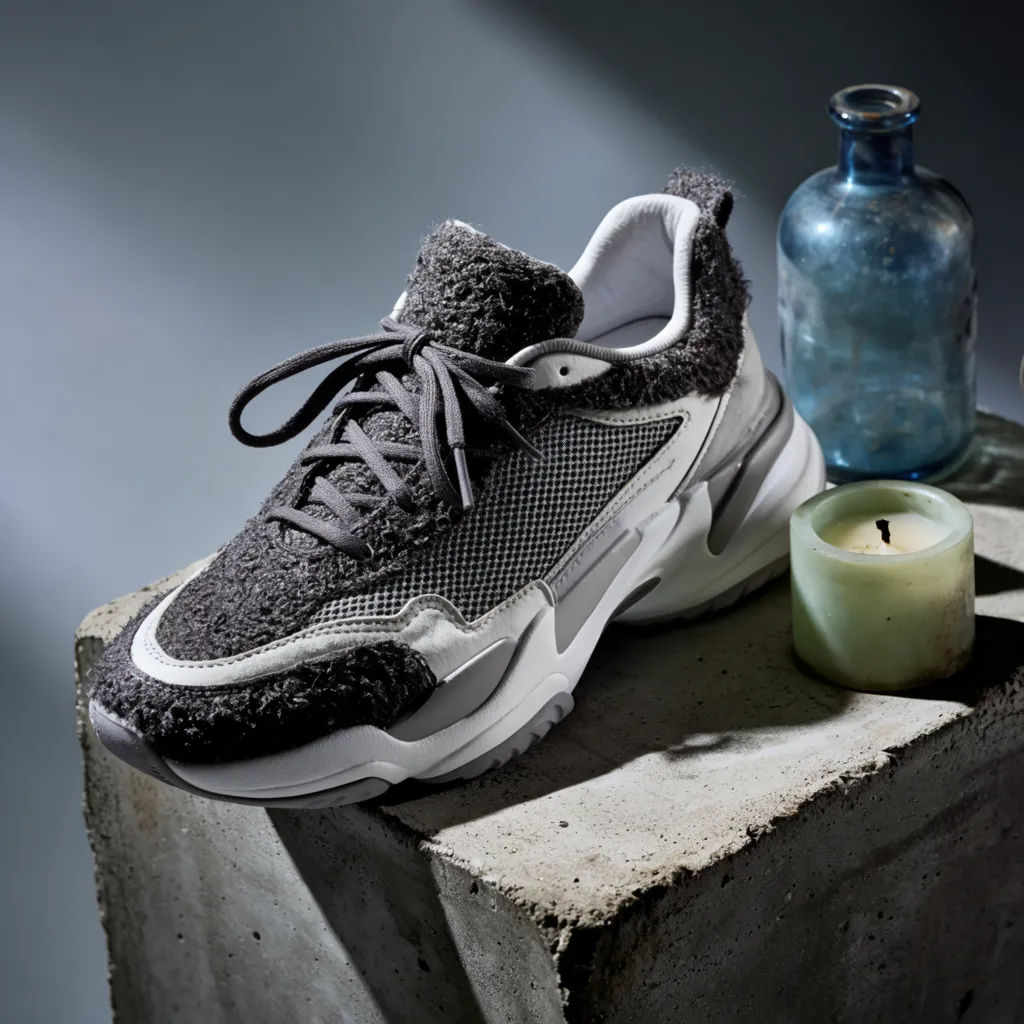 Sneaker staged on a concrete plinth under hard studio light