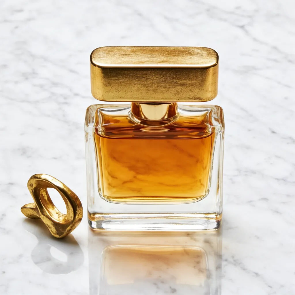 Perfume bottle staged on white marble with a glossy reflection