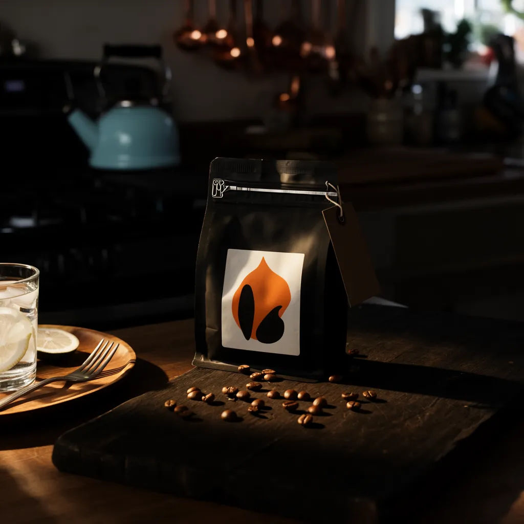 Coffee bag staged on a wood board with scattered beans