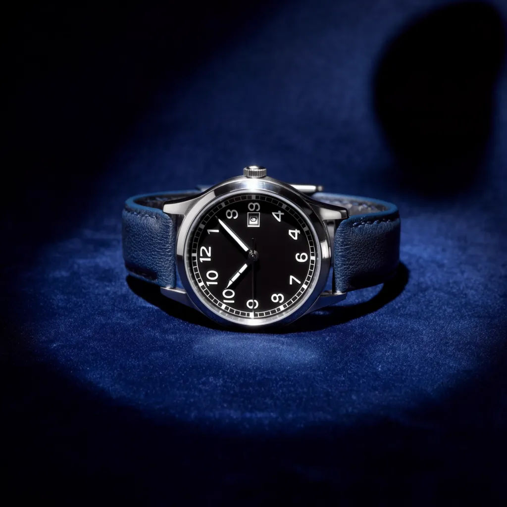 Watch staged on navy velvet under a tight spotlight