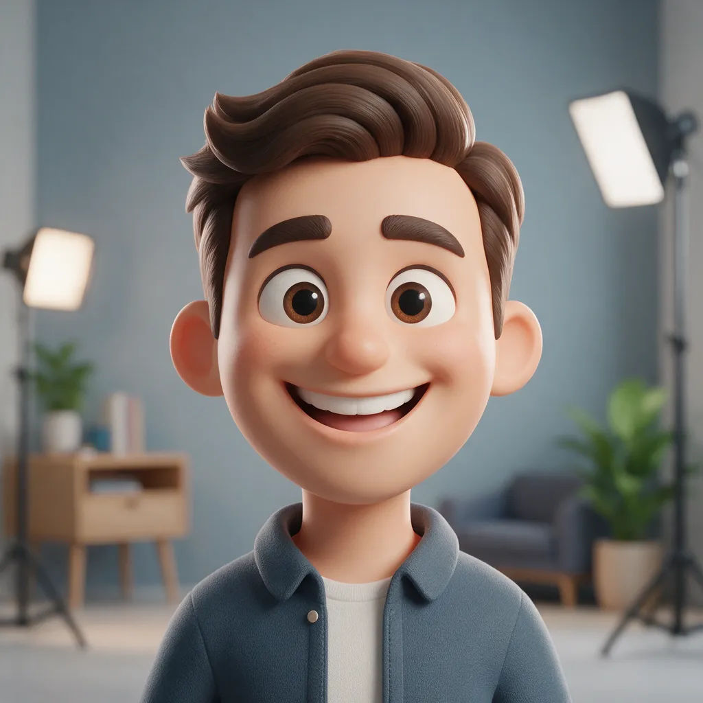 3D toon avatar with a big friendly smile in a soft studio render