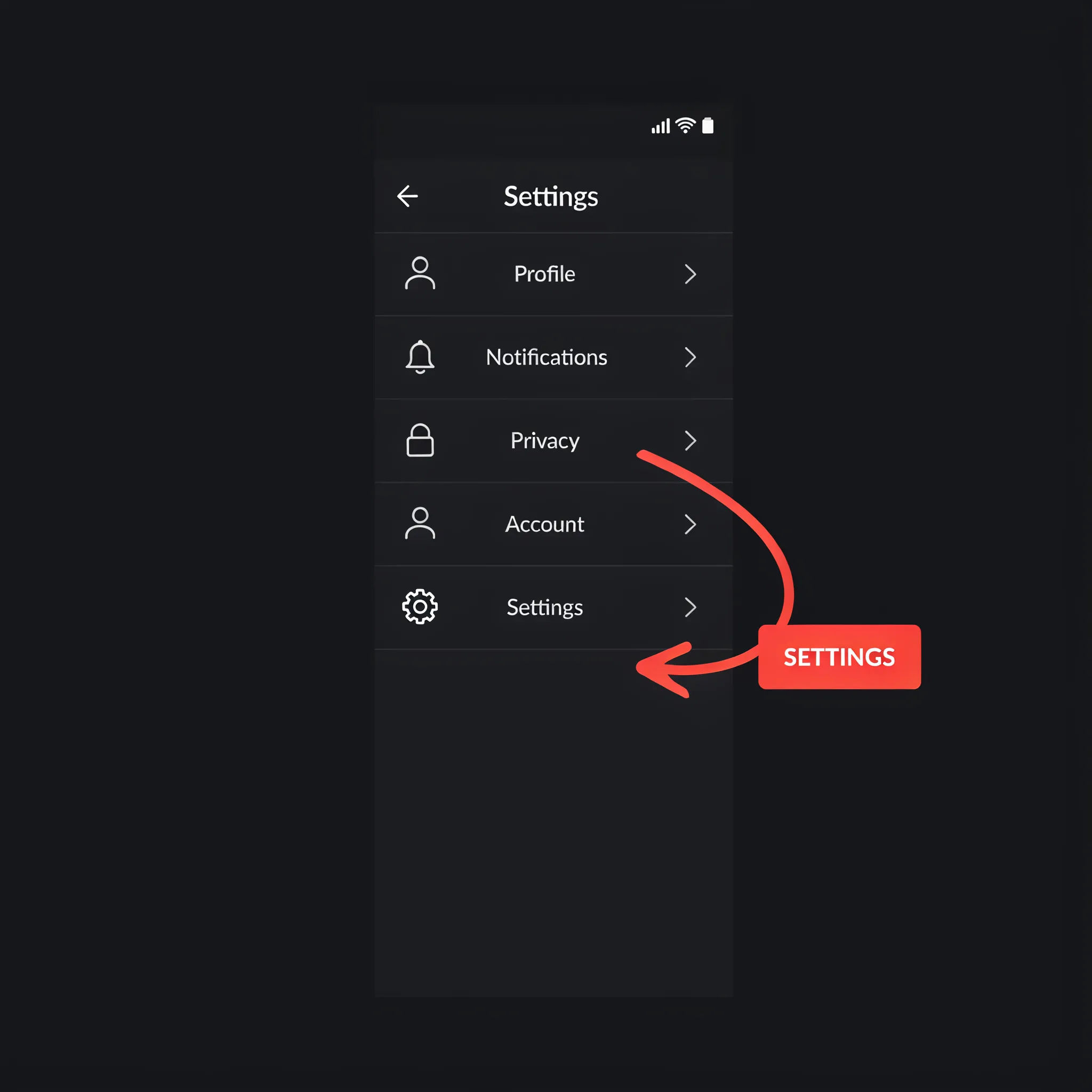 Screenshot with an arrow and label pointing at the settings gear icon