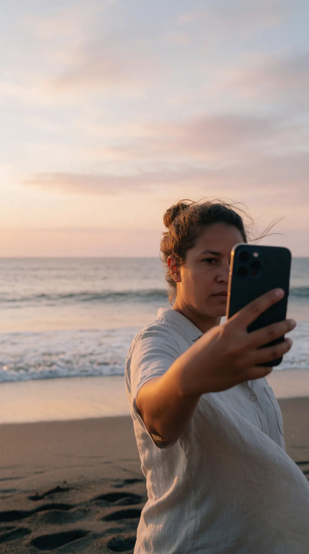 Selfie on a beach at sunset in warm light with a linen shirt and soft ocean background