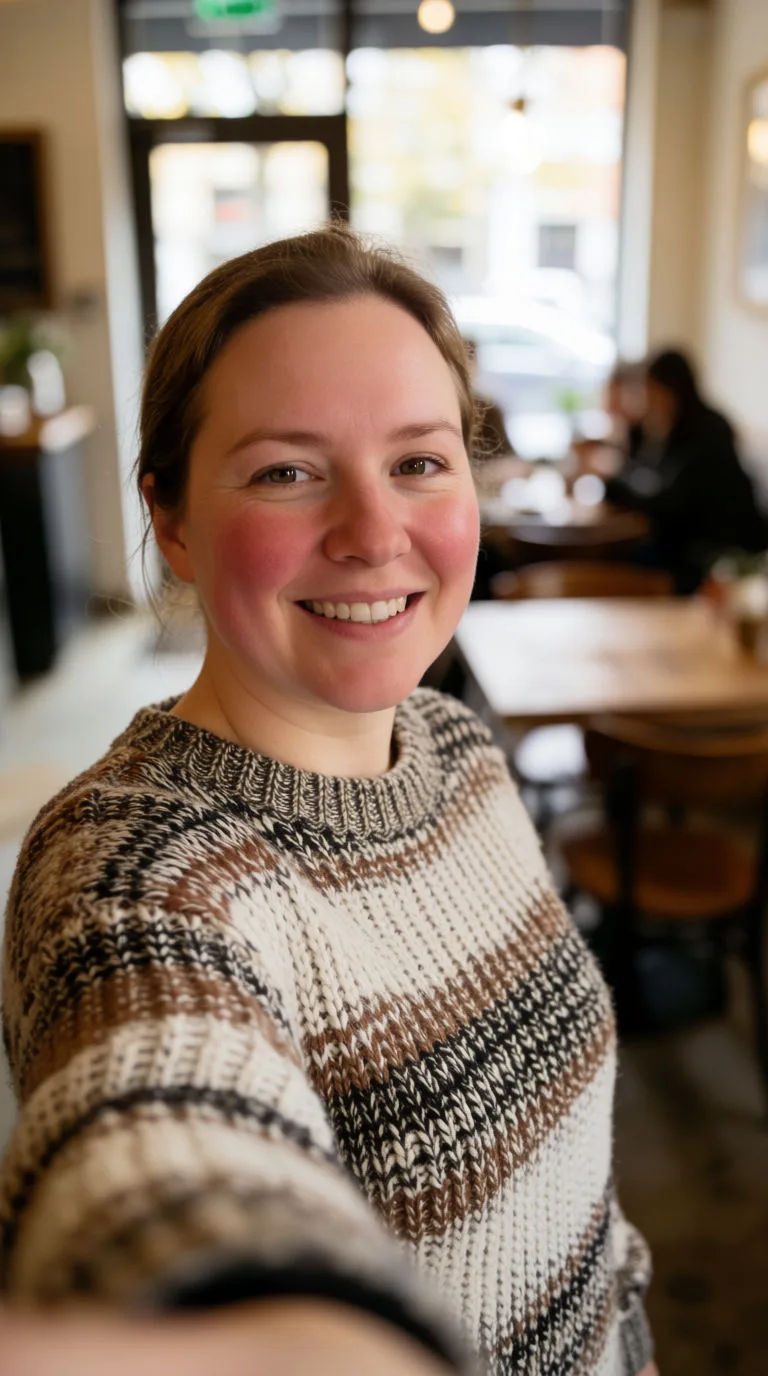 Indoor selfie in a cosy cafe with warm ambient light, a knit sweater, and a blurred background