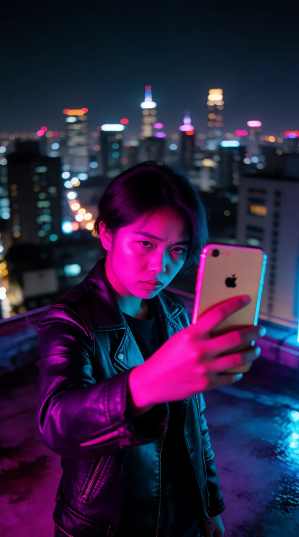 Night selfie on a city rooftop with a neon glow, a leather jacket, and a skyline behind