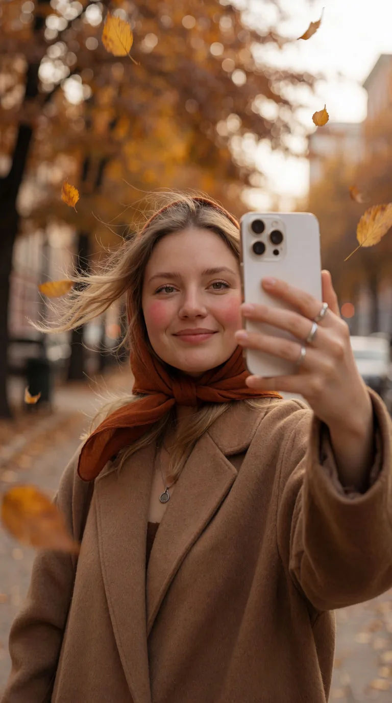 Photoreal handheld selfie of a young woman on an autumn city street