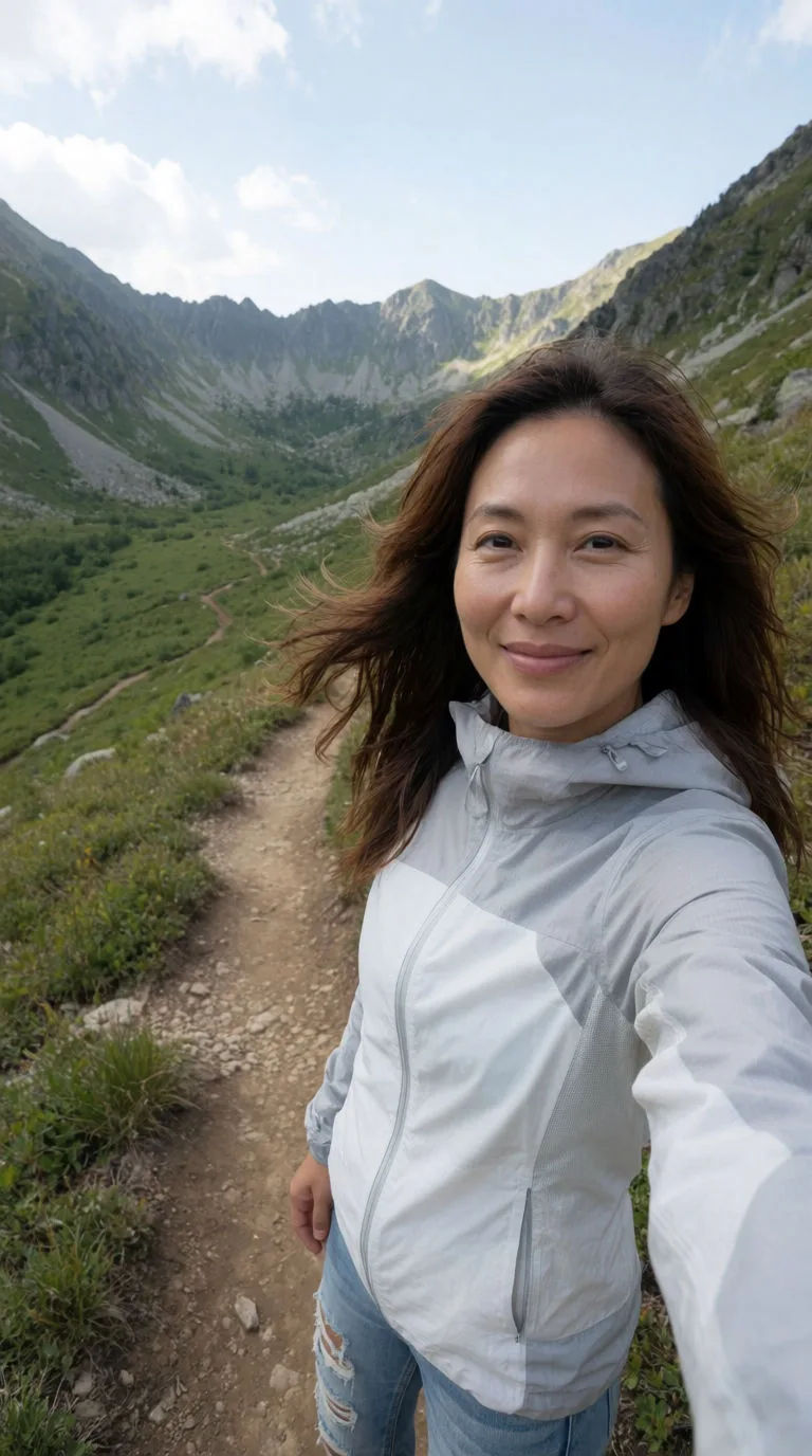 Photoreal outdoor selfie of a smiling woman on a mountain trail