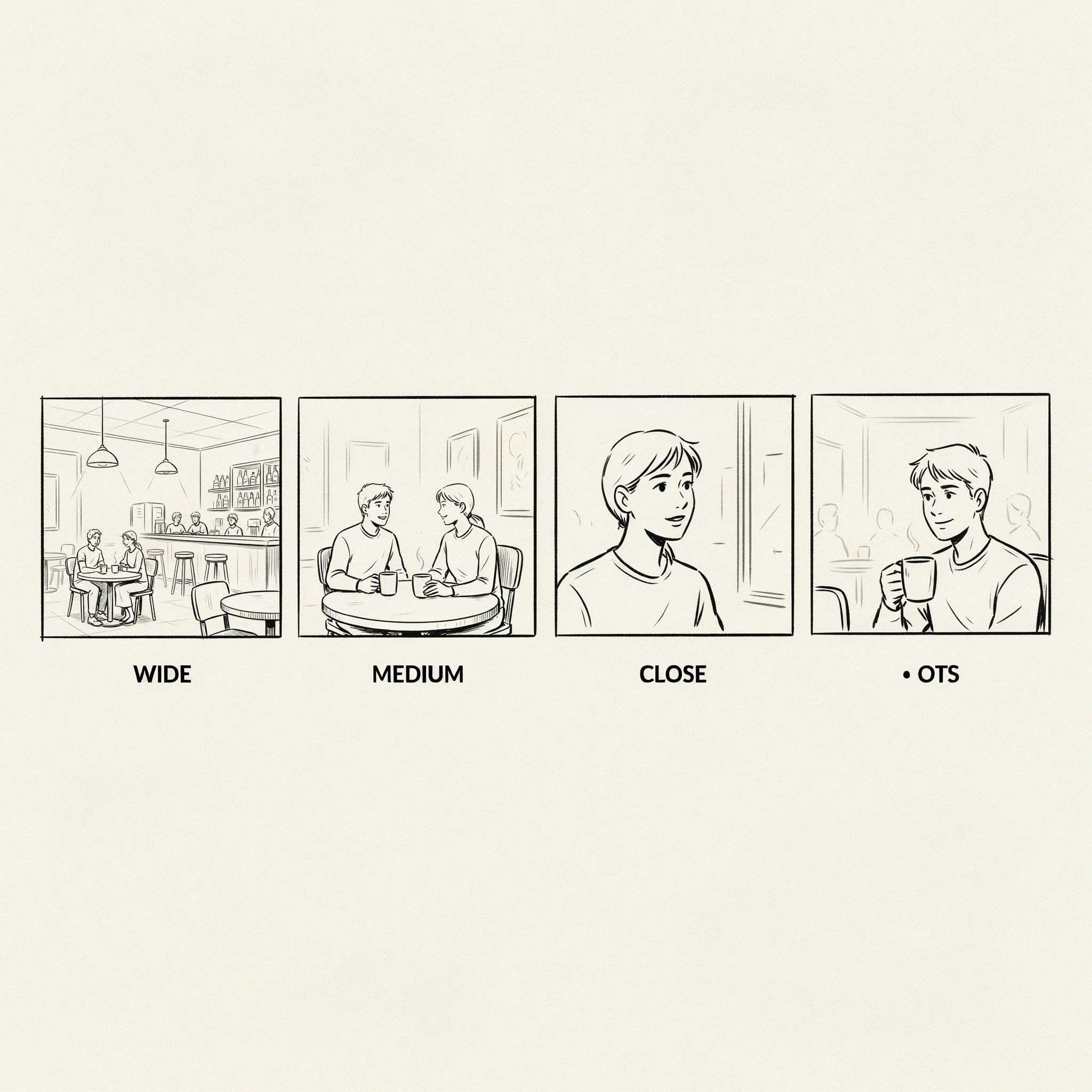 Grid showing wide, medium, close-up, and over-the-shoulder coverage of one scene