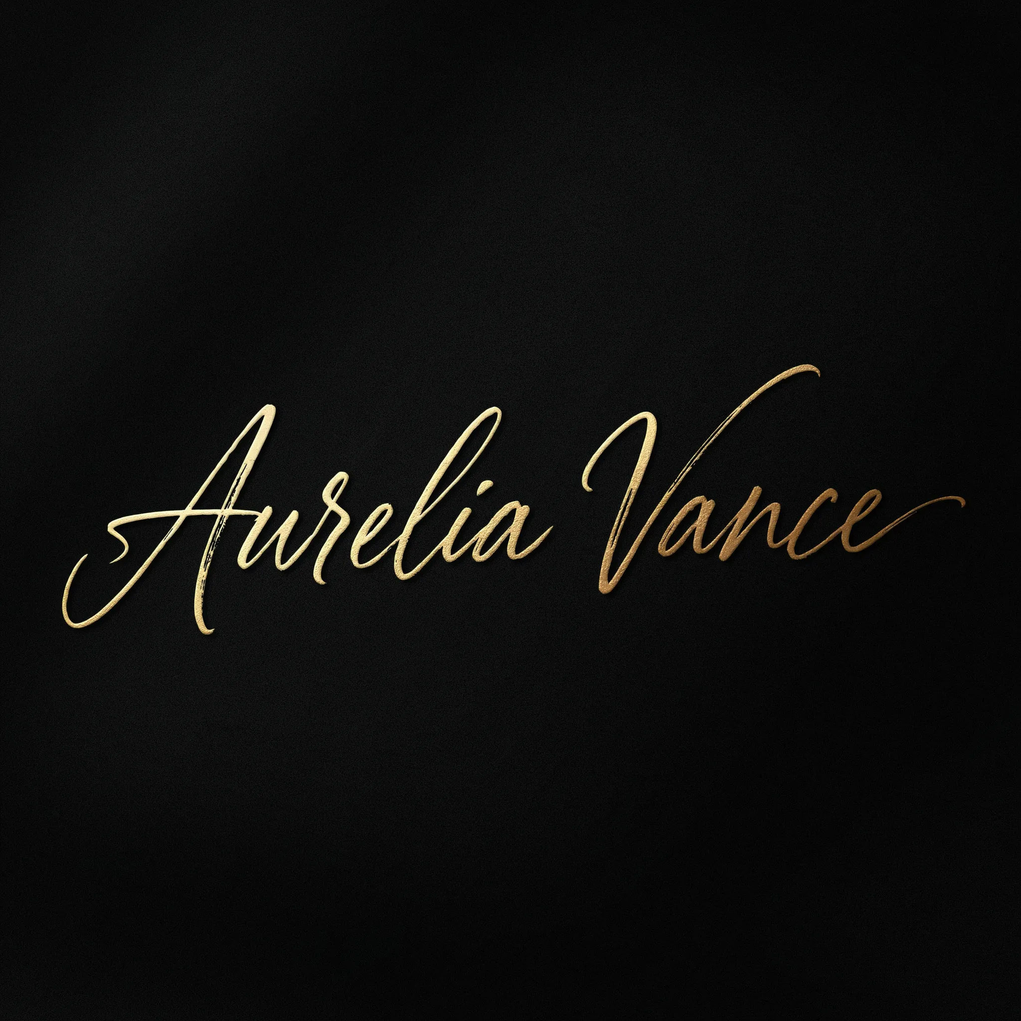 Gold foil script signature sign-off on a dark background