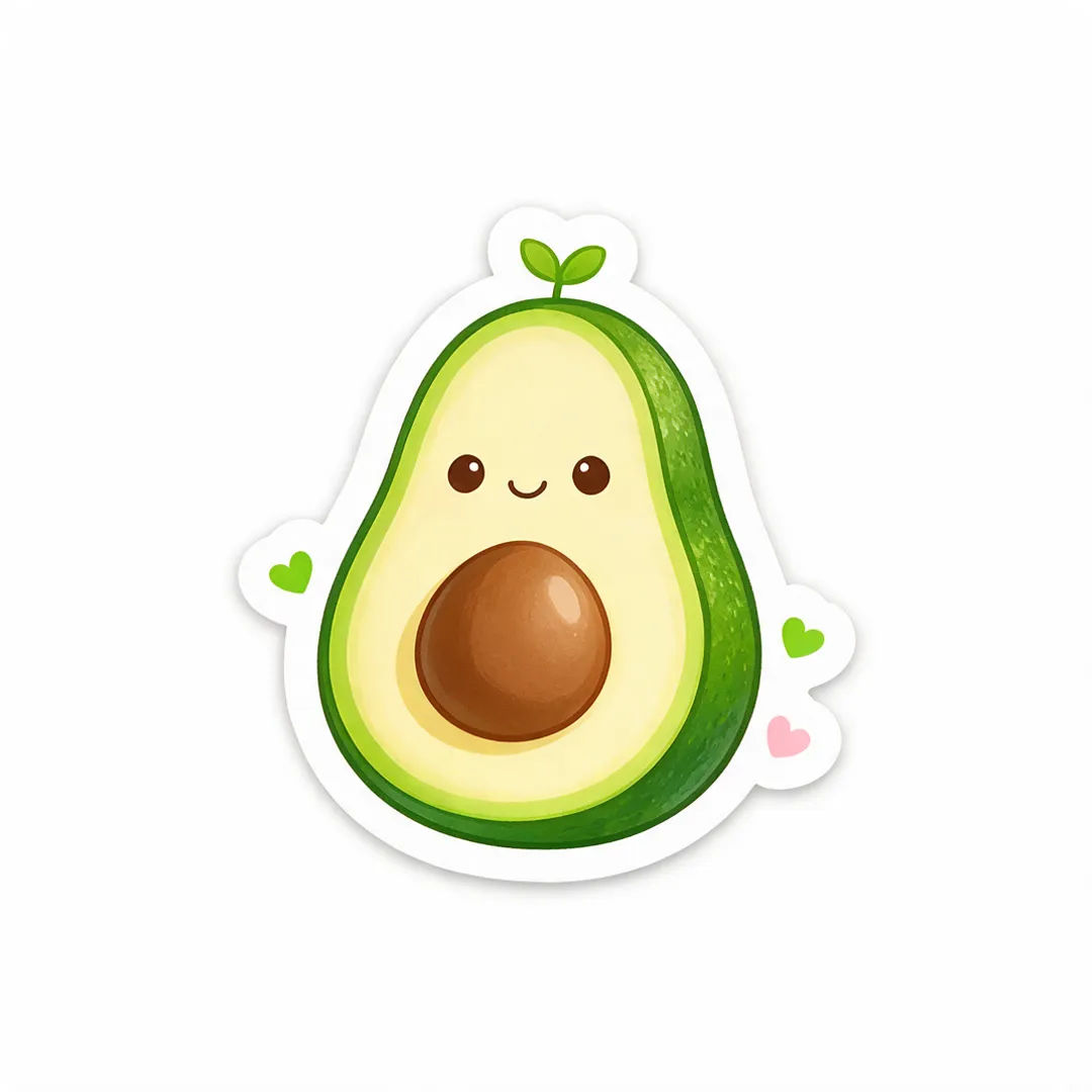 Kawaii smiling avocado sticker with a die-cut white border