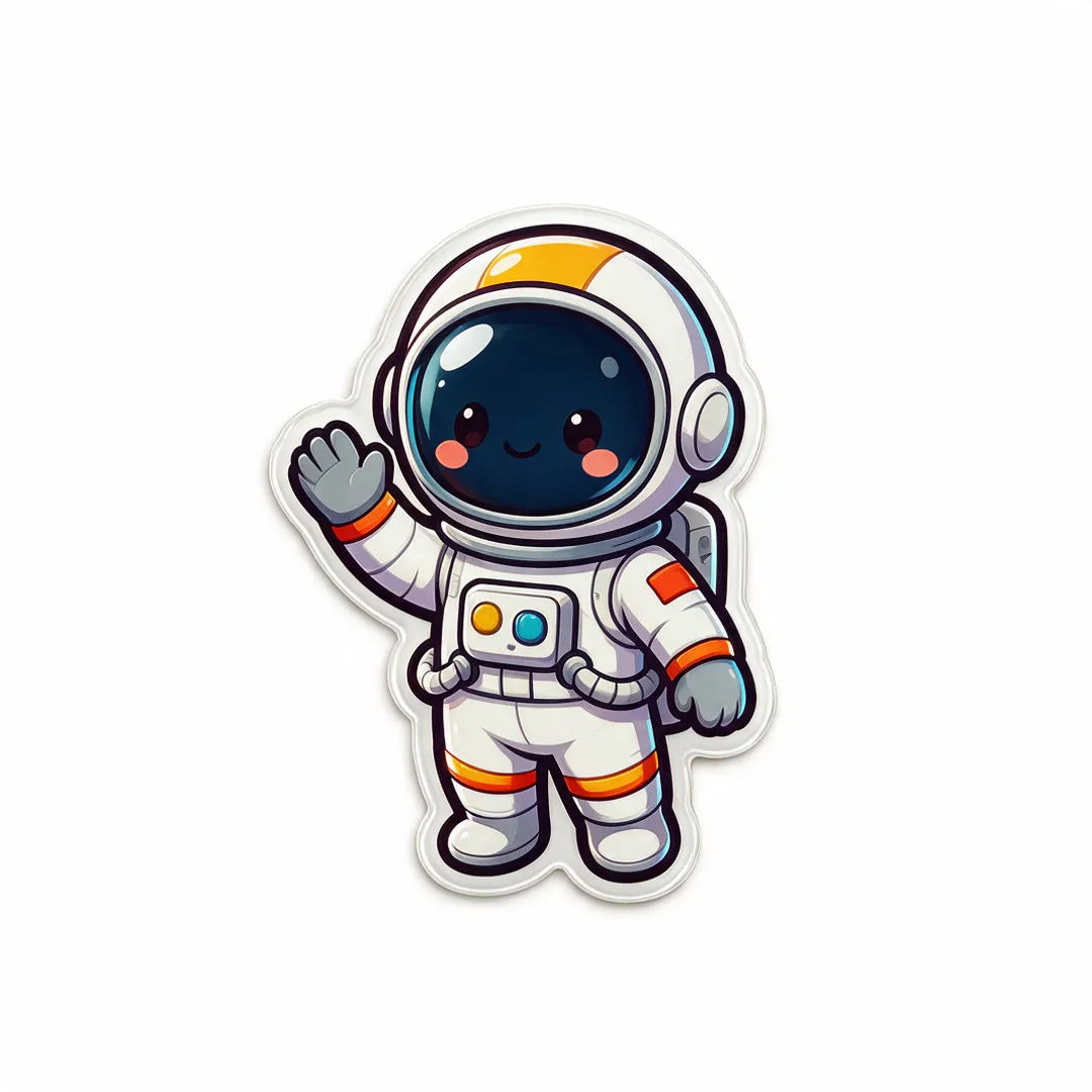 Chibi astronaut waving as a glossy die-cut sticker