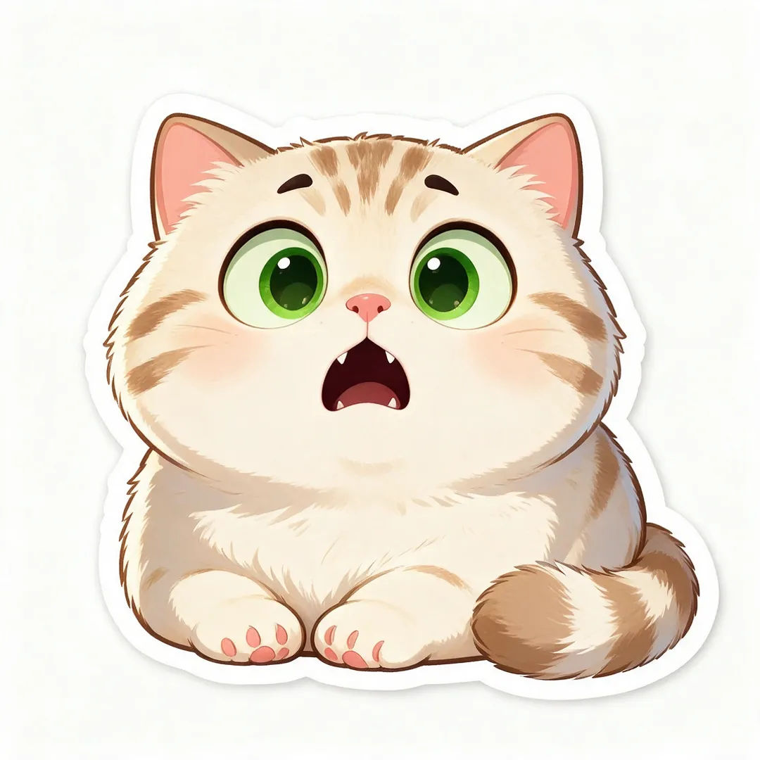 Cartoon cat shocked-face meme reaction sticker, die-cut