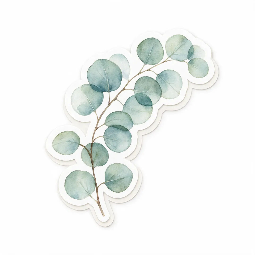 Watercolor eucalyptus leaf sticker, die-cut with soft washes