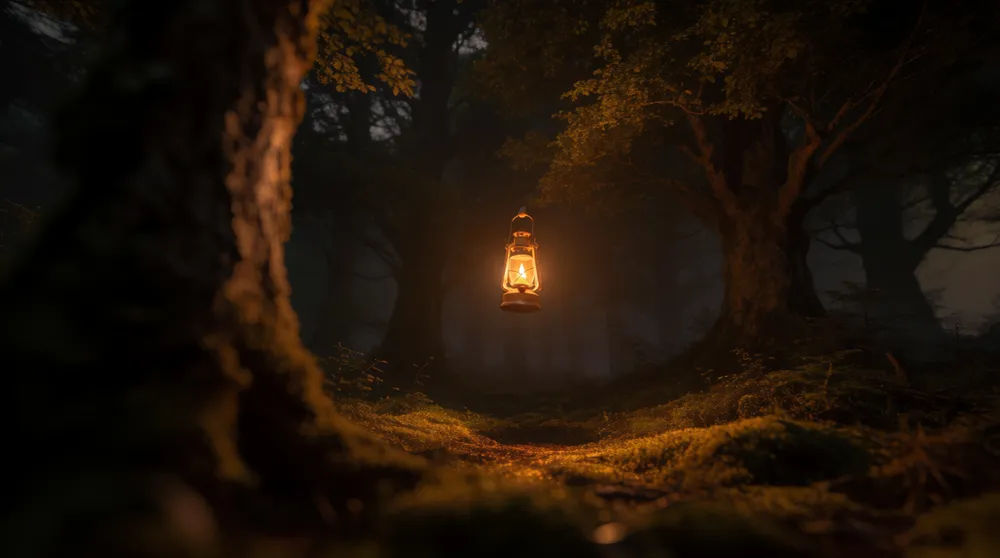 A warm storybook scene of a glowing lantern in a quiet forest
