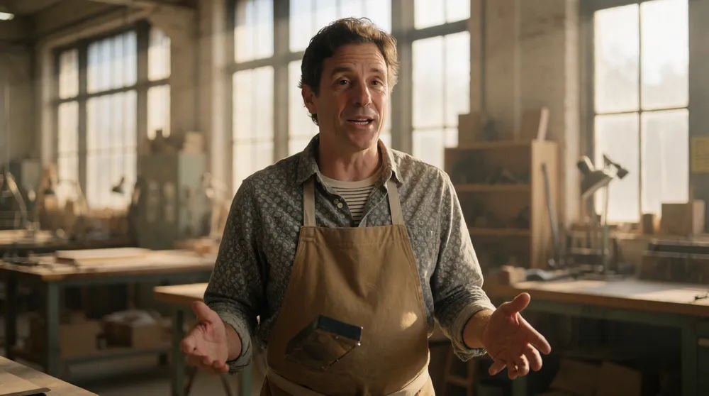 A founder in a workshop lit by soft morning light, telling an origin story