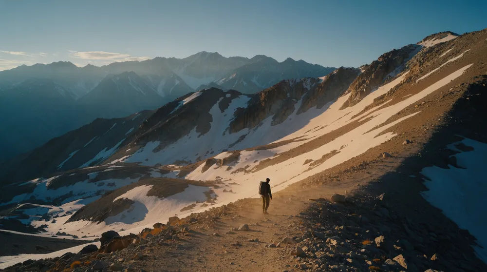 A traveler crossing a mountain pass at golden hour in a sweeping adventure scene