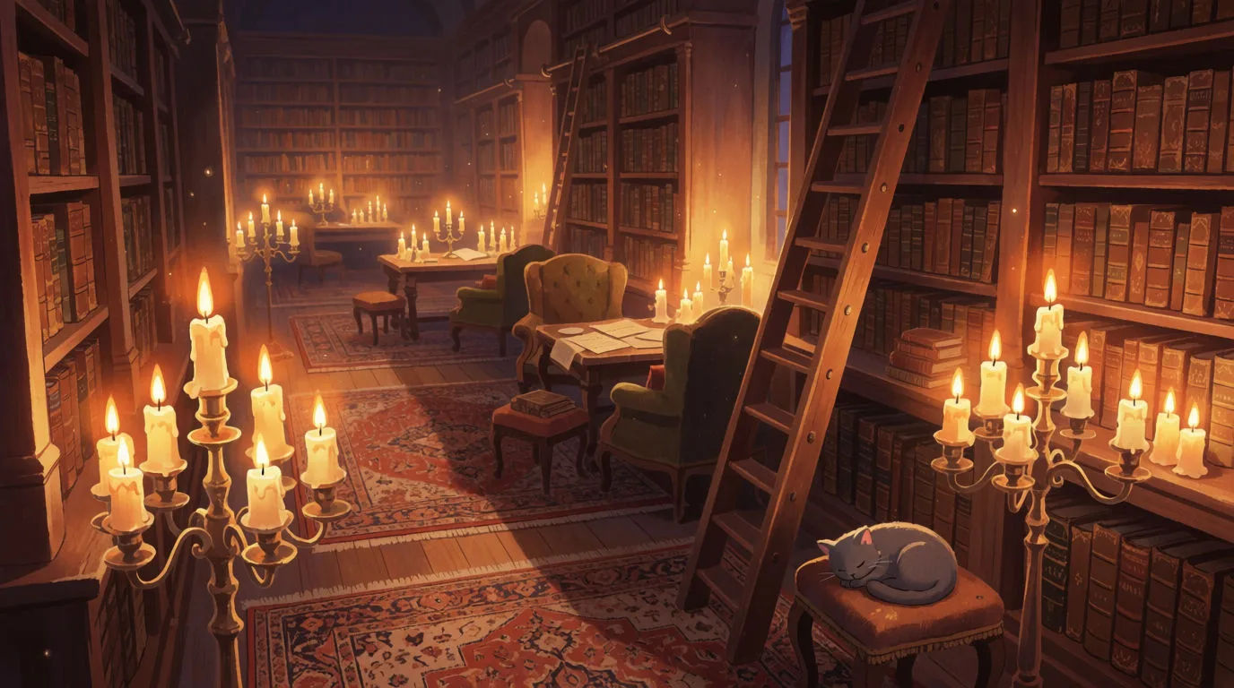 A warm storybook scene of a vast candlelit library with floating dust motes