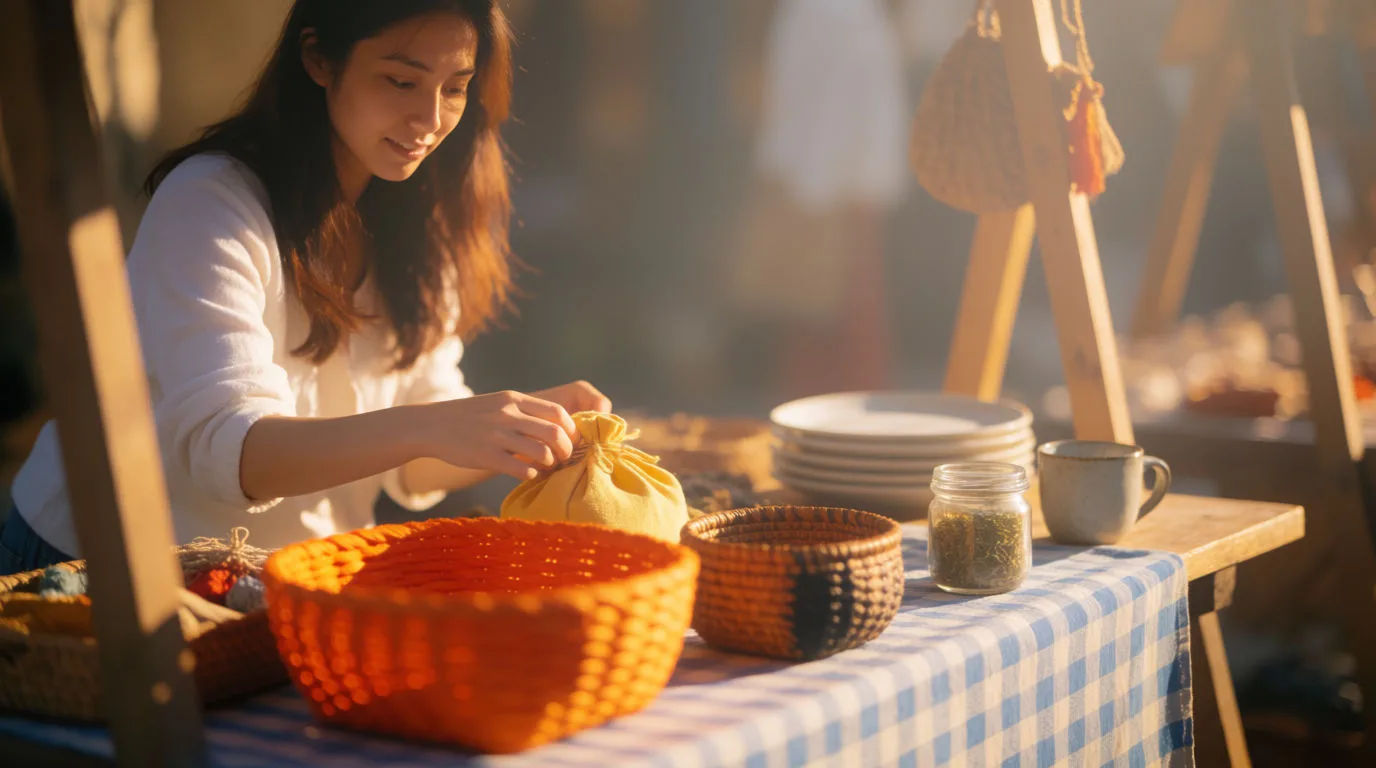 A warm origin-story scene of a founder setting up a market stall at dawn