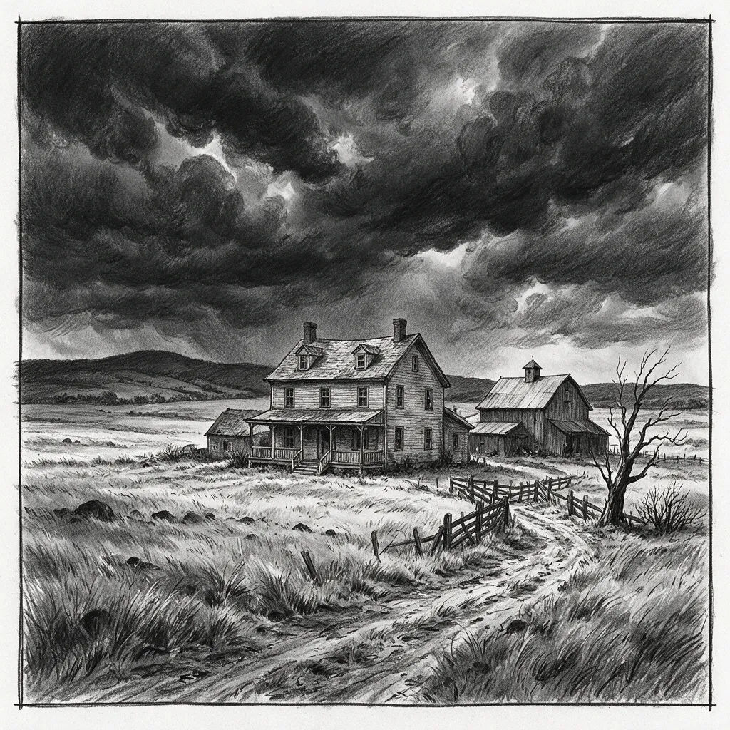 Establishing wide storyboard frame of a lone farmhouse under storm clouds
