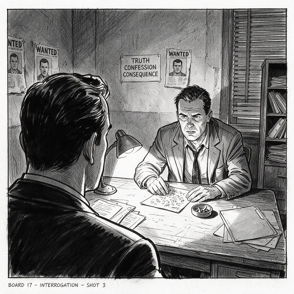 Over-the-shoulder storyboard frame of a detective facing a suspect across a table