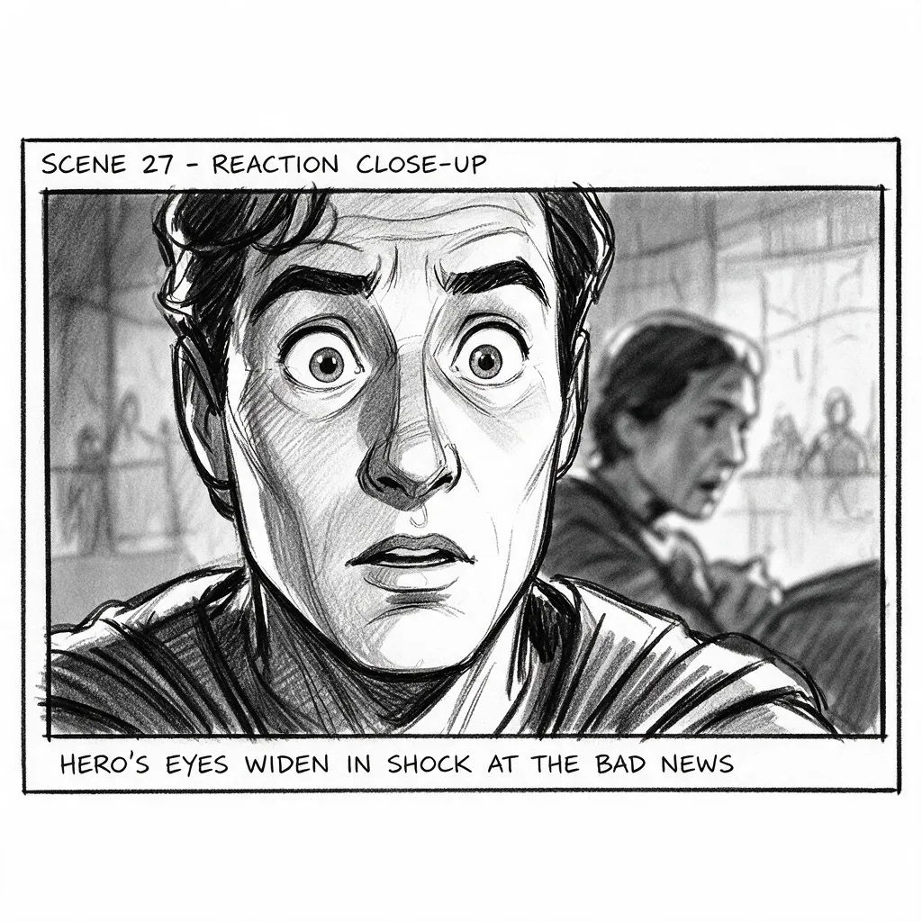 Close-up reaction storyboard frame of a hero's eyes widening at bad news
