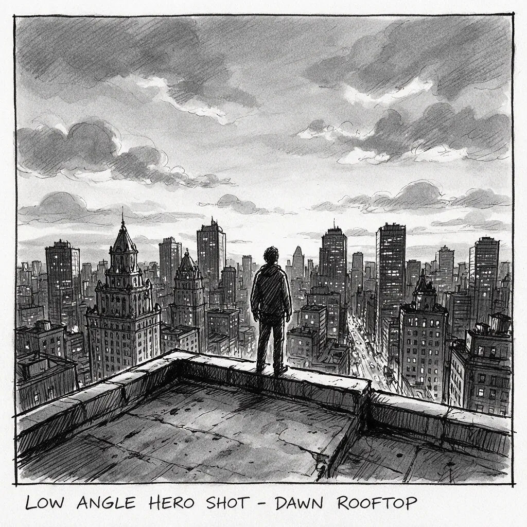 Low-angle hero storyboard frame of a lone figure on a rooftop at dawn