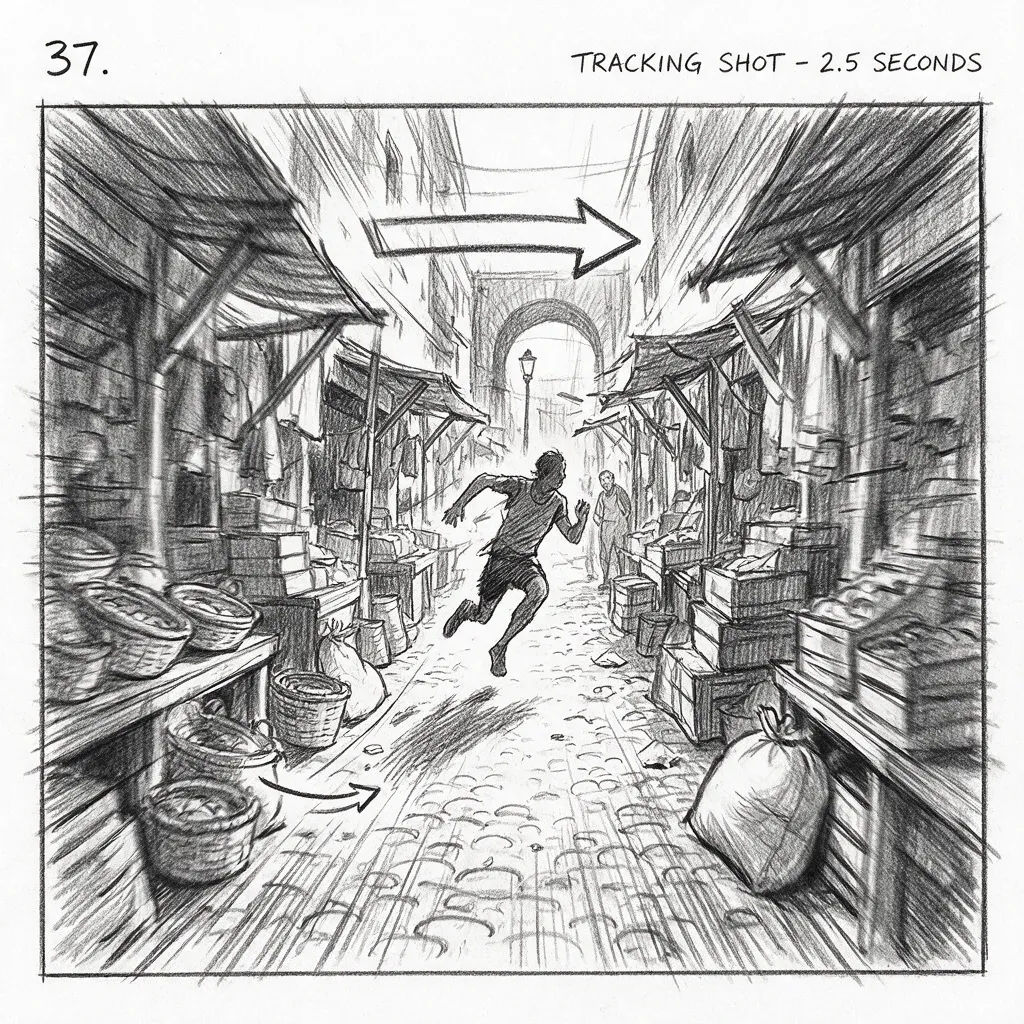 Tracking storyboard frame of a runner sprinting down a narrow market alley