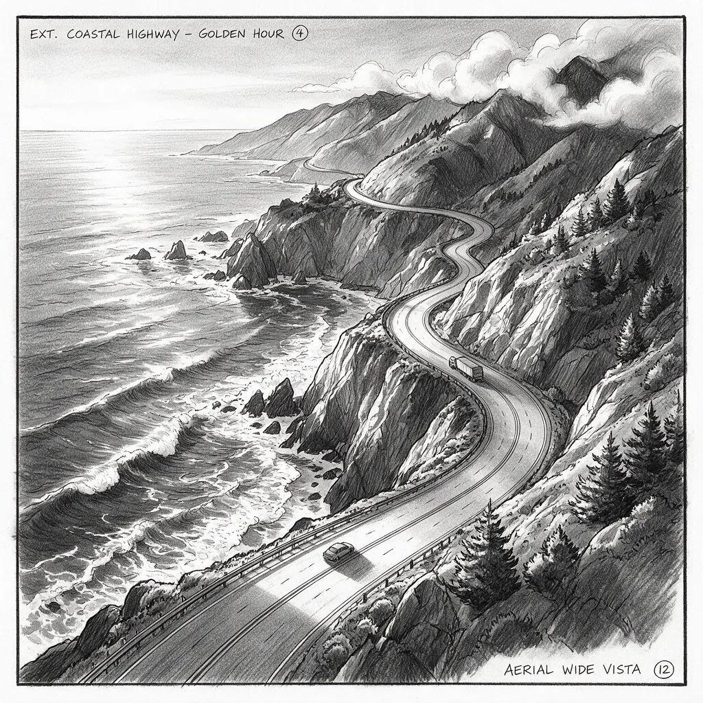 Aerial establishing storyboard frame of a winding coastal road at golden hour