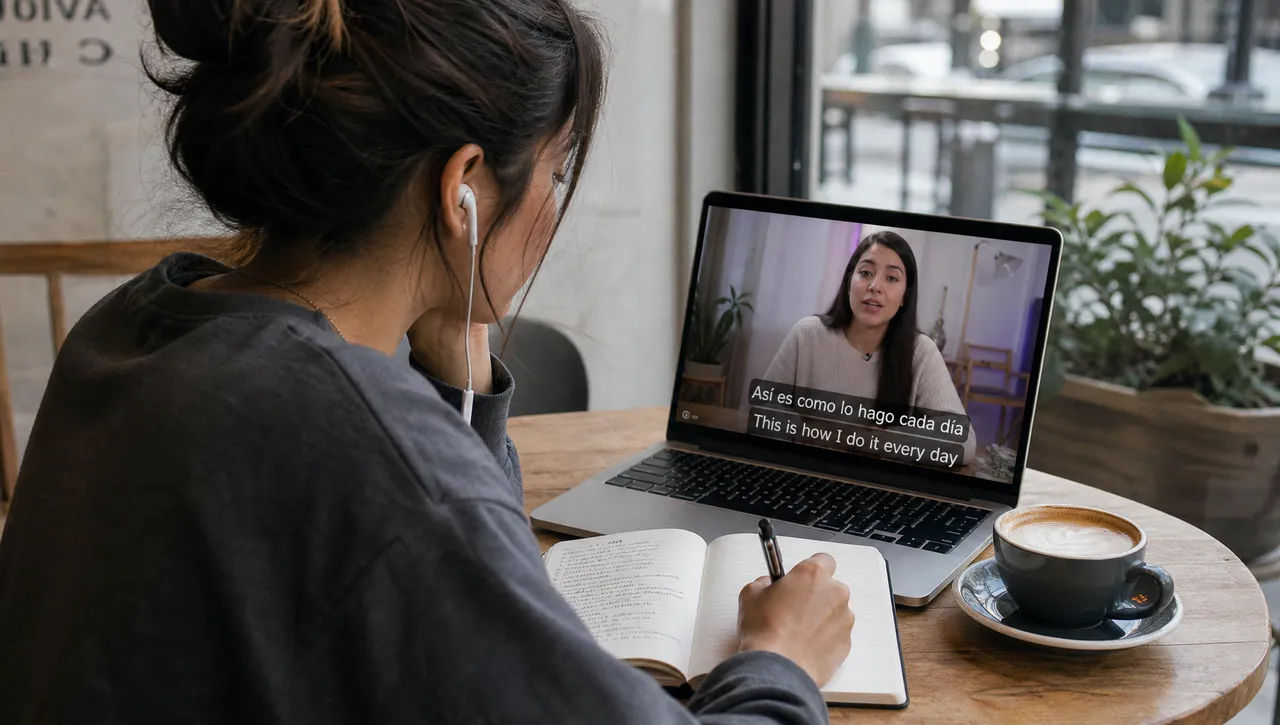 A video frame showing captions in two languages stacked together