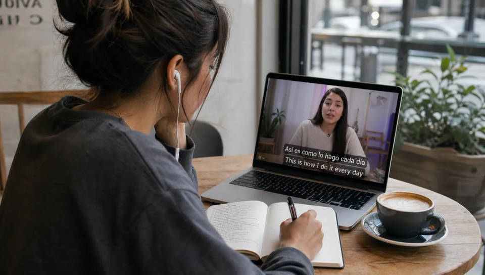 Quadro de vídeo com legendas em dois idiomas empilhadas
