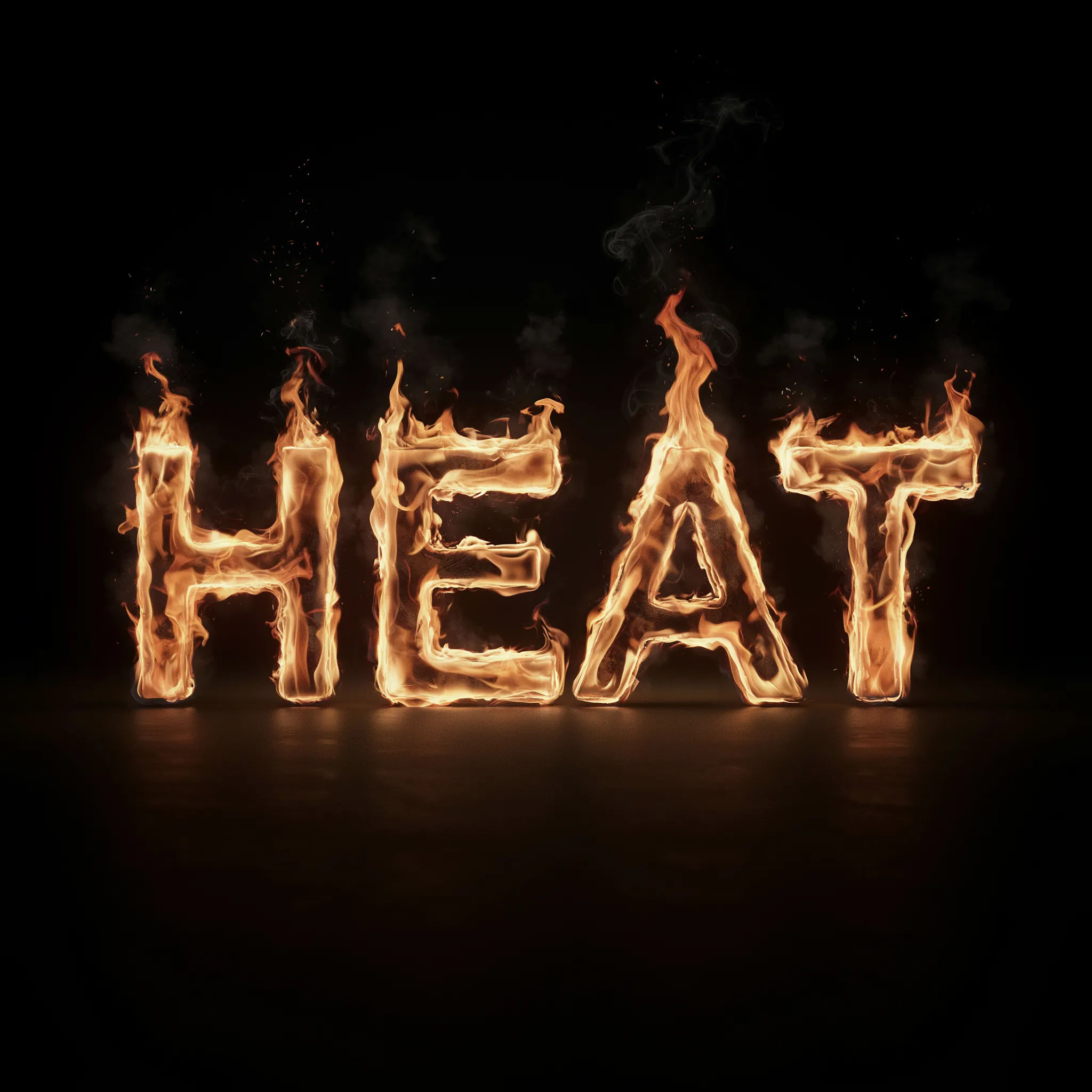 The word HEAT formed from flames on a black background