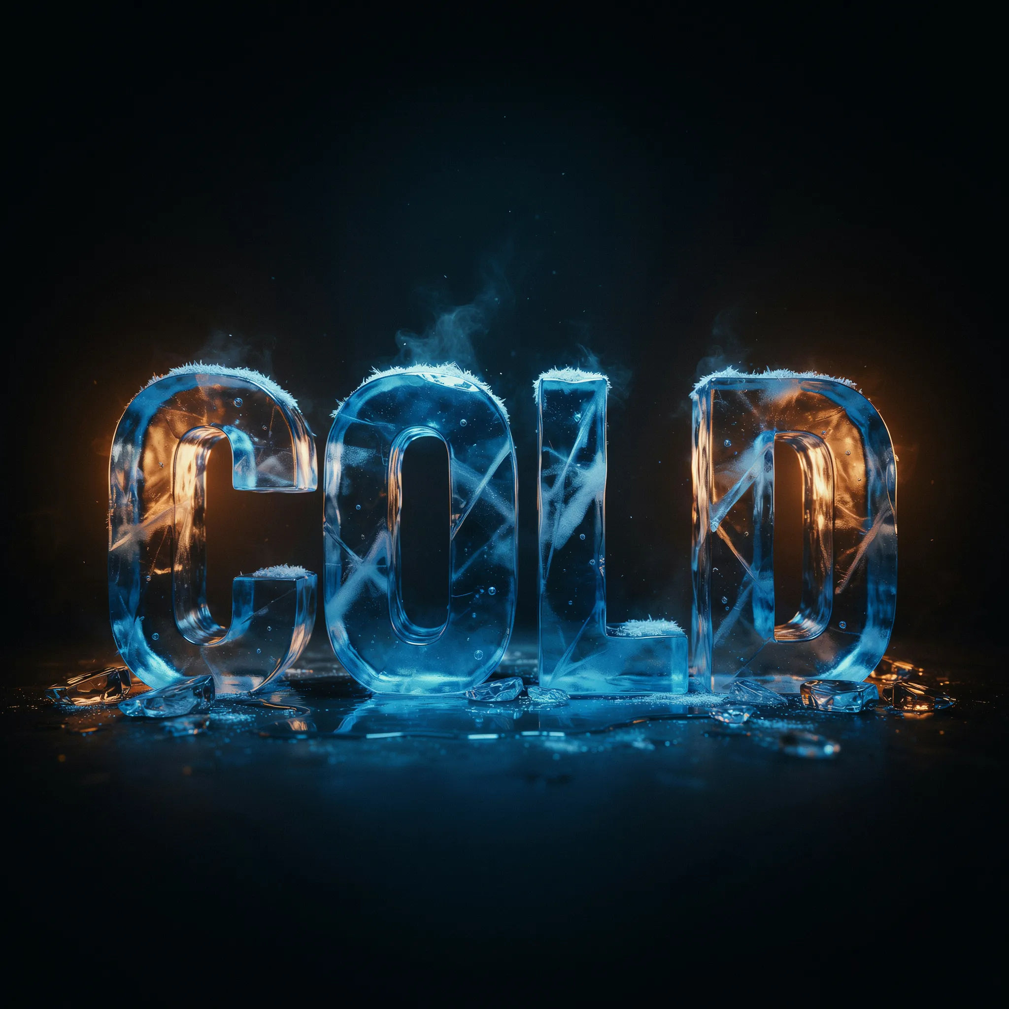 The word COLD carved from frosted blue ice