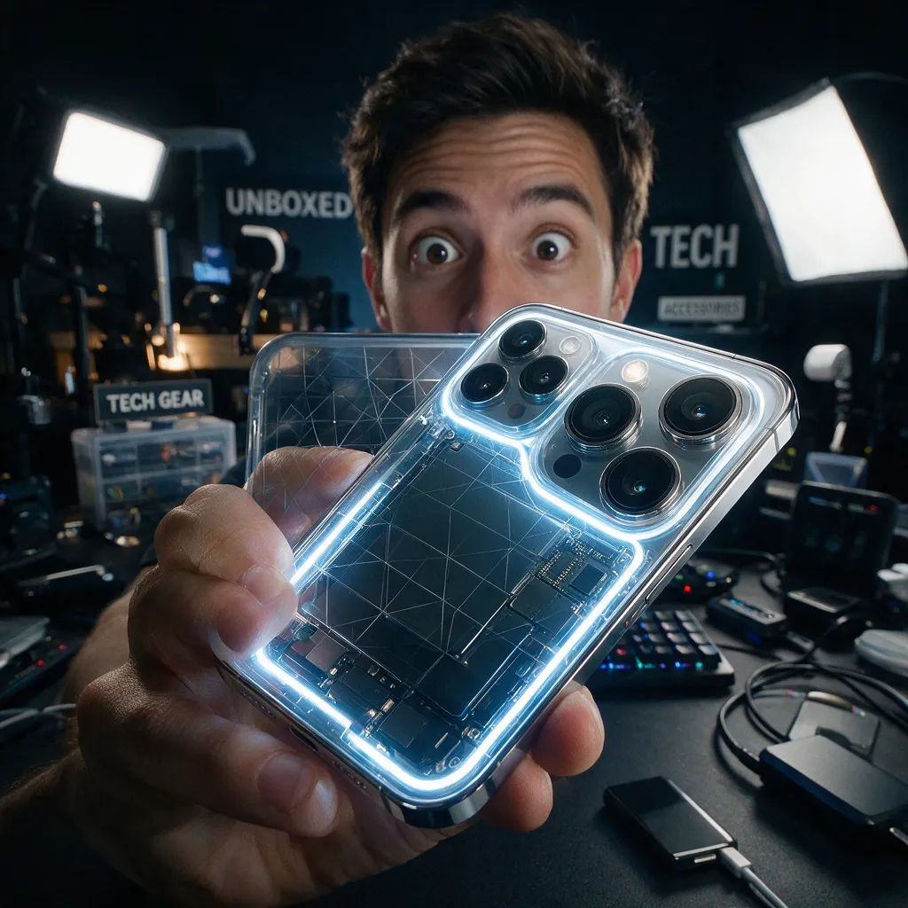 Tech review thumbnail with a phone close-up and wide-eyed reviewer