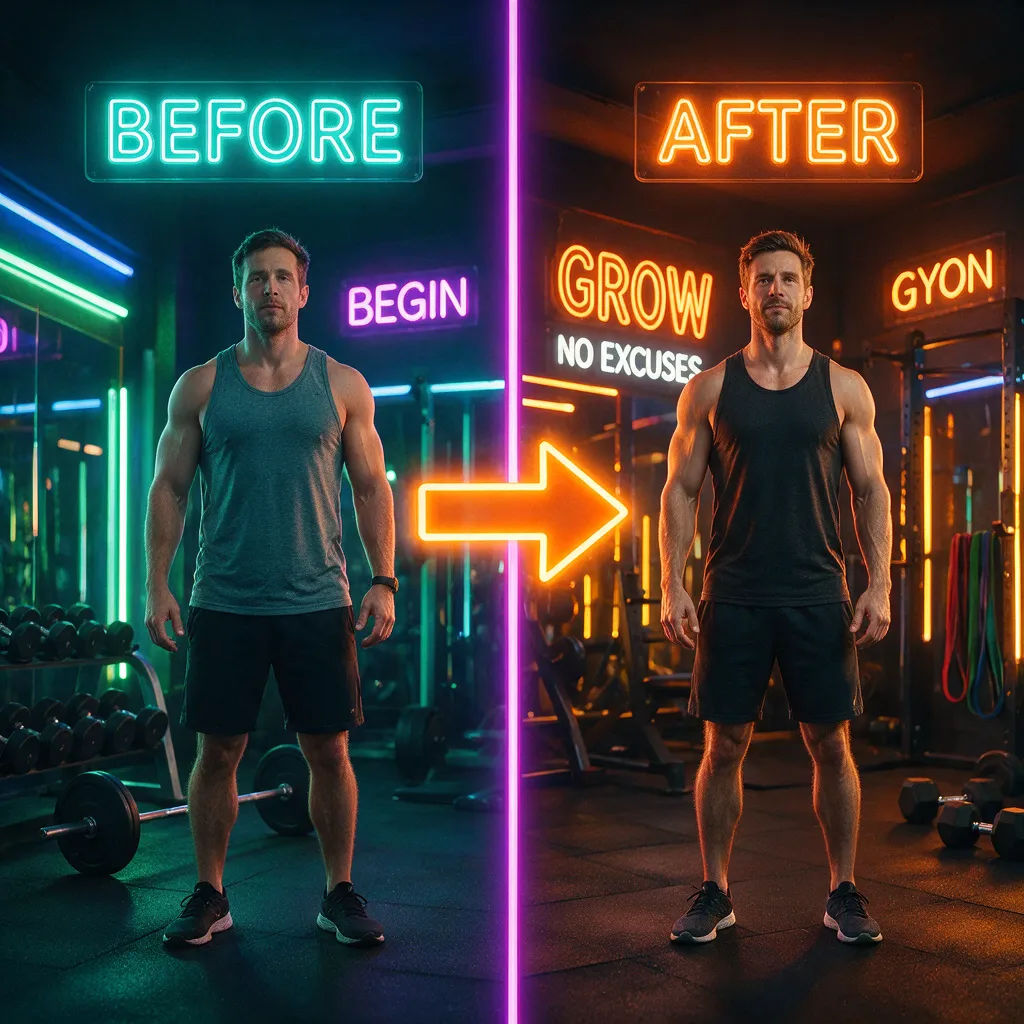 Fitness before and after split thumbnail with a bold arrow