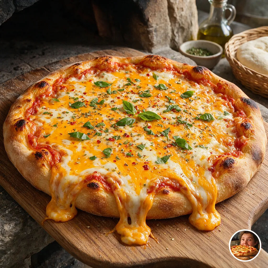 Food thumbnail with a dripping cheese pizza close-up