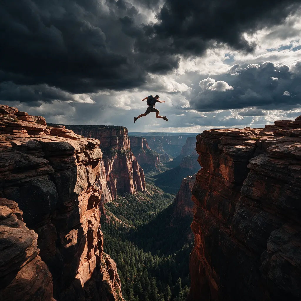 Challenge stunt thumbnail with a person mid-jump over a huge gap